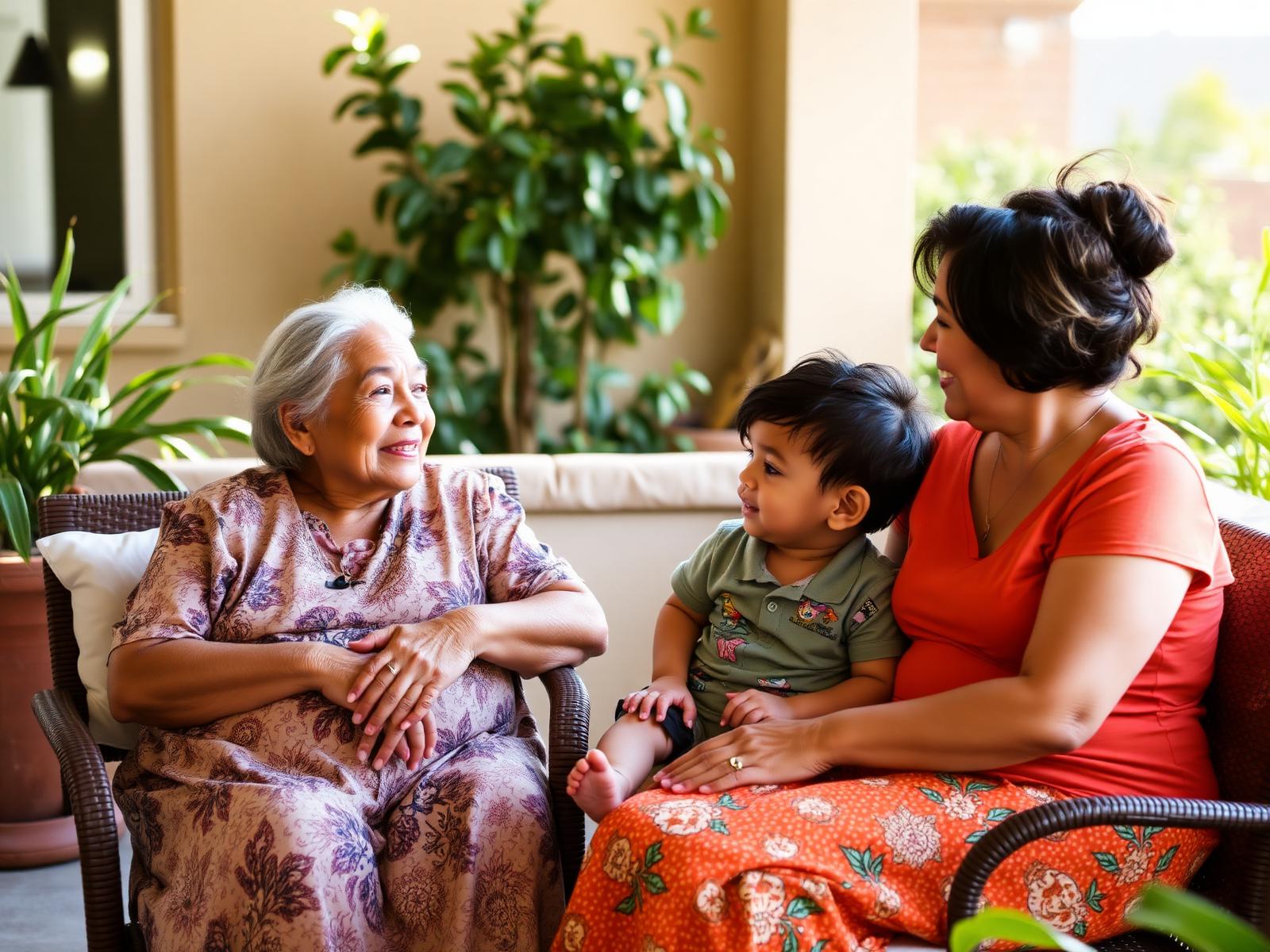 A multigenerational California family sharing a quiet moment together